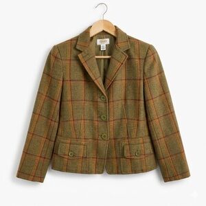 Talbots Petites 100% Wool Plaid Blazer Jacket Olive Green Rust Size 4P Vintage
